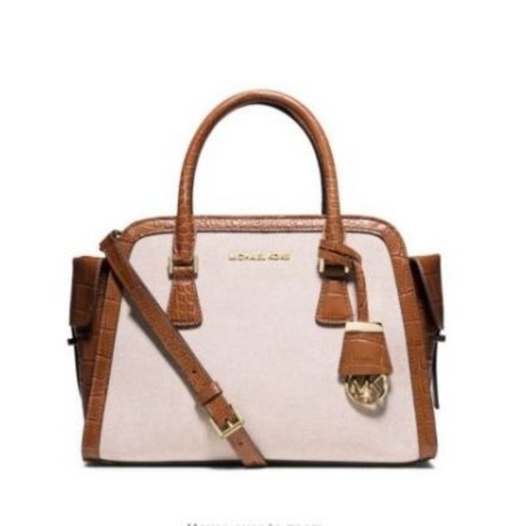 Michael Kors Harper Medium Two-Tone Canvas Satchel $398 Ecru / Dark Walnut  #047 - Picture 1 of 8
